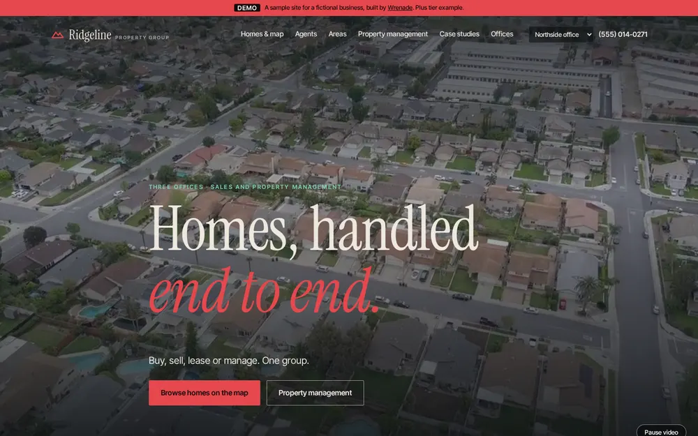 The Plus demo site, a multi-office brokerage and property management site with a map of listings, an agent roster, area pages and case studies, in a laptop frame