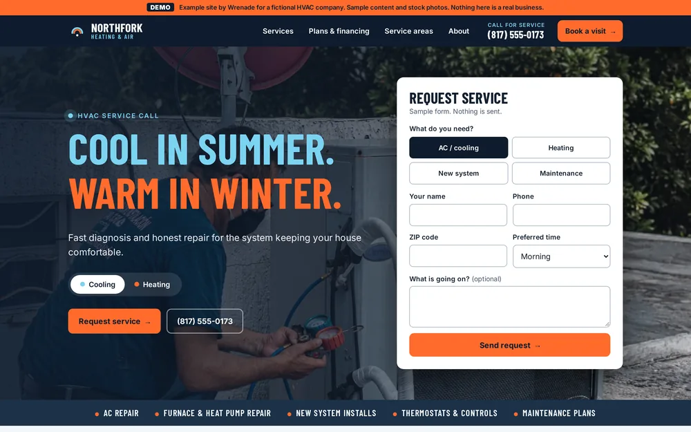 The Standard demo site, a multi-page heating and cooling company site with a service request form, in a laptop frame