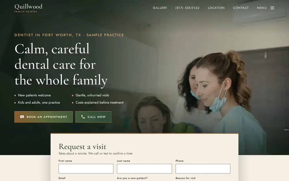 The Standard demo site, a multi-page family dental site with a booking form, in a laptop frame
