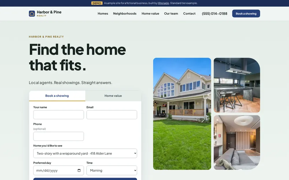 The Standard demo site, a multi-page brokerage site with filterable listings, neighborhoods, a home value request and a showing booking form, in a laptop frame
