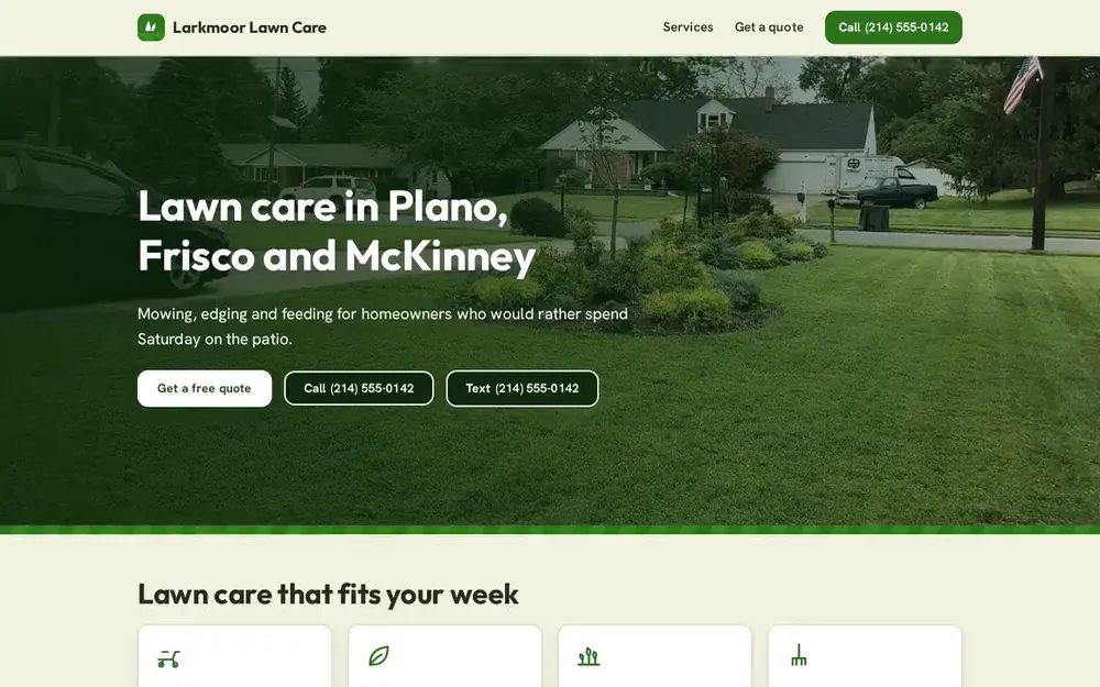 The Starter demo site, a one-page lawn care site, in a laptop frame