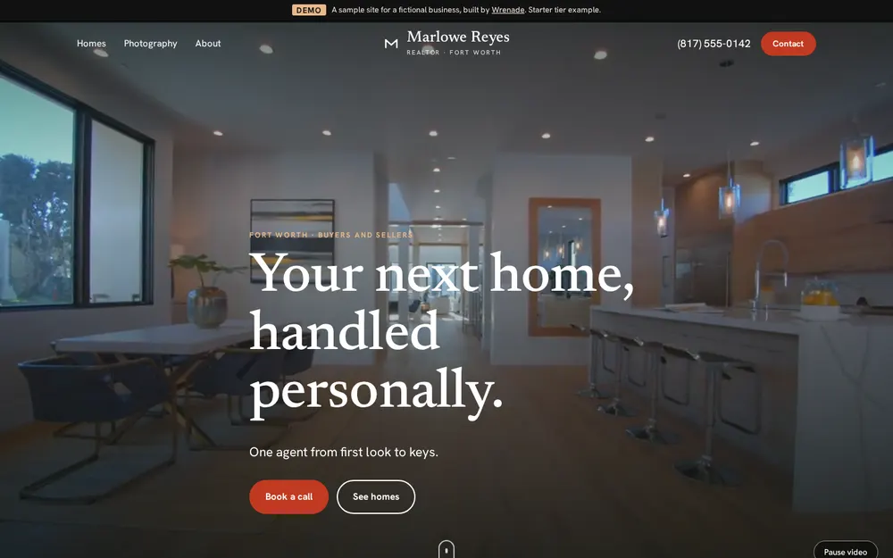 The Starter demo site, a solo real estate agent site with a video hero, featured homes and a before and after photo slider, in a laptop frame